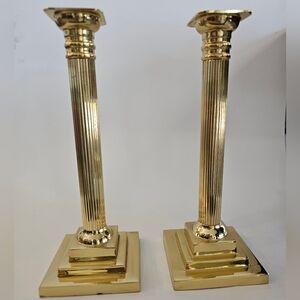 Vintage 10in Candle Stick Holders Gold Pillars Columns Step Neoclassical Pair
